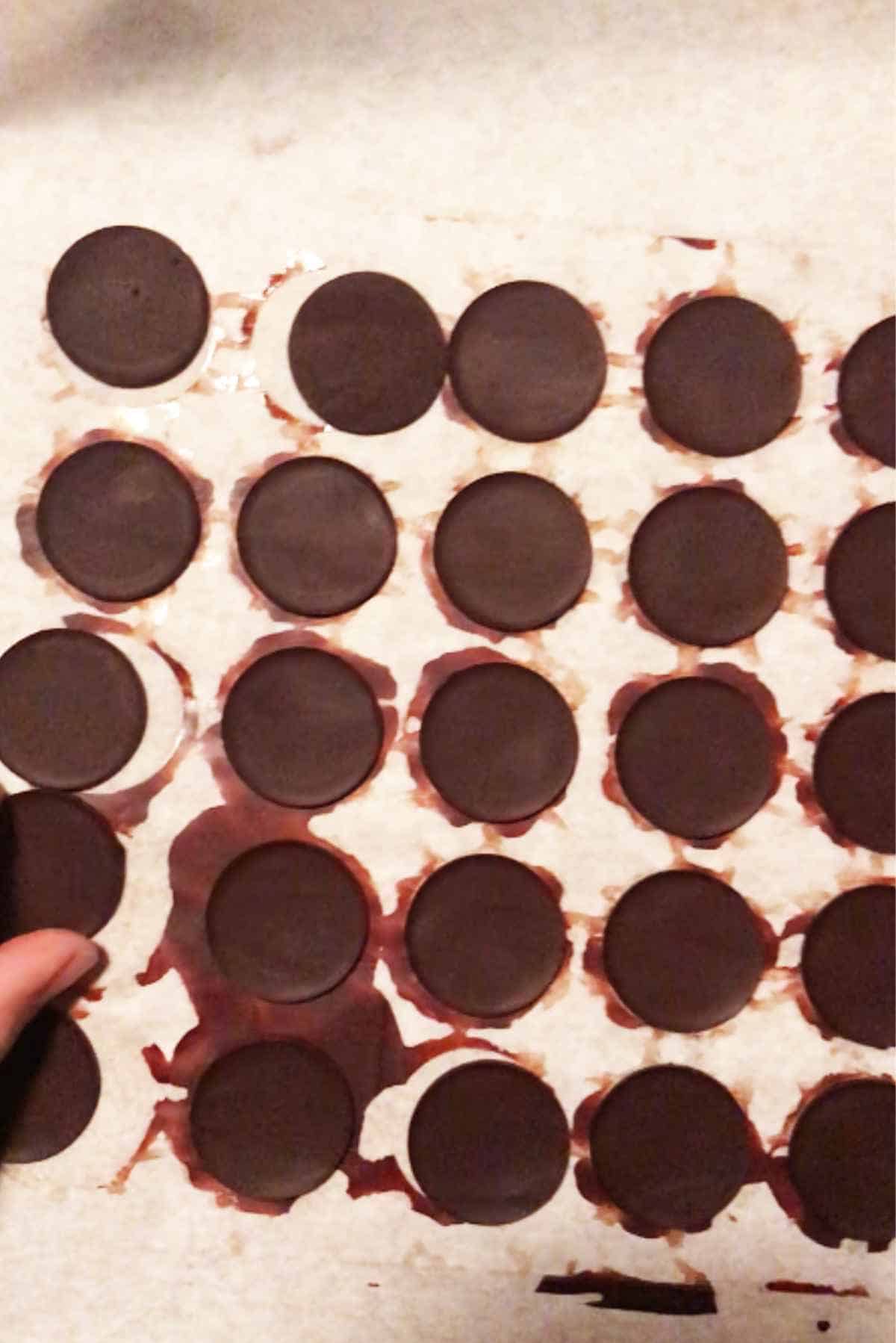 Discs of chocolate on parchment.