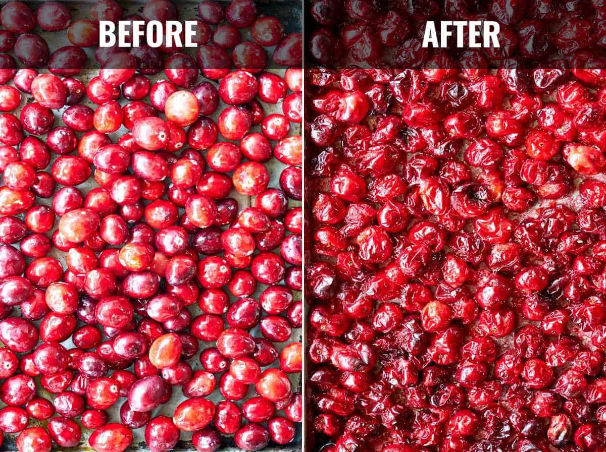 Cranberries on a baking sheet.