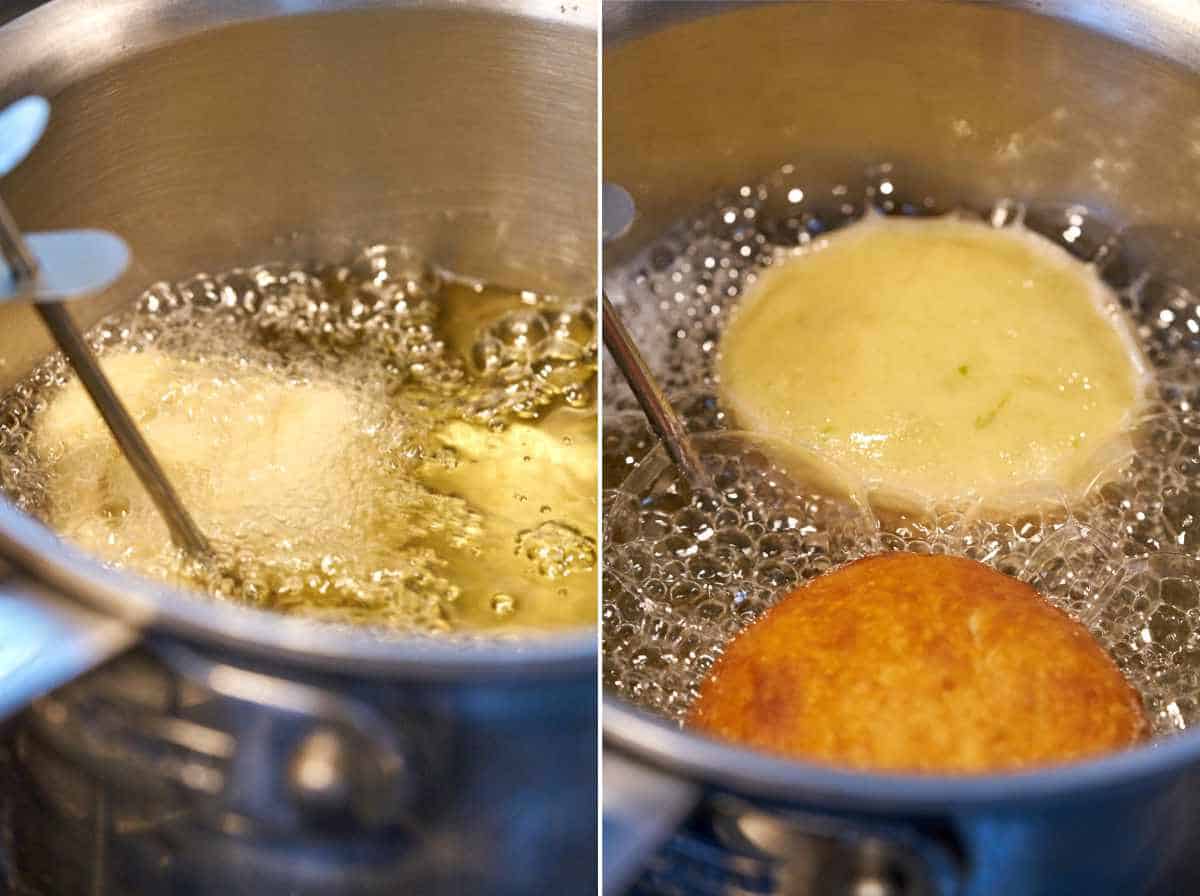 Frying dough in oil.