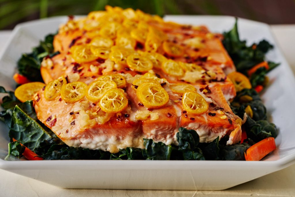 Chili Kumquat Salmon w/Pickled Kumquat Kale Salad | Proportional Plate