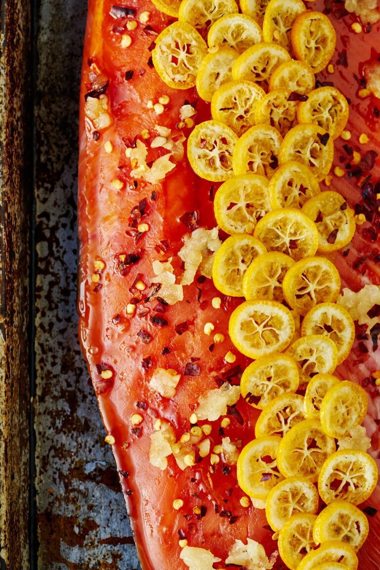 Chili Kumquat Salmon with Pickled Kumquat Kale Salad