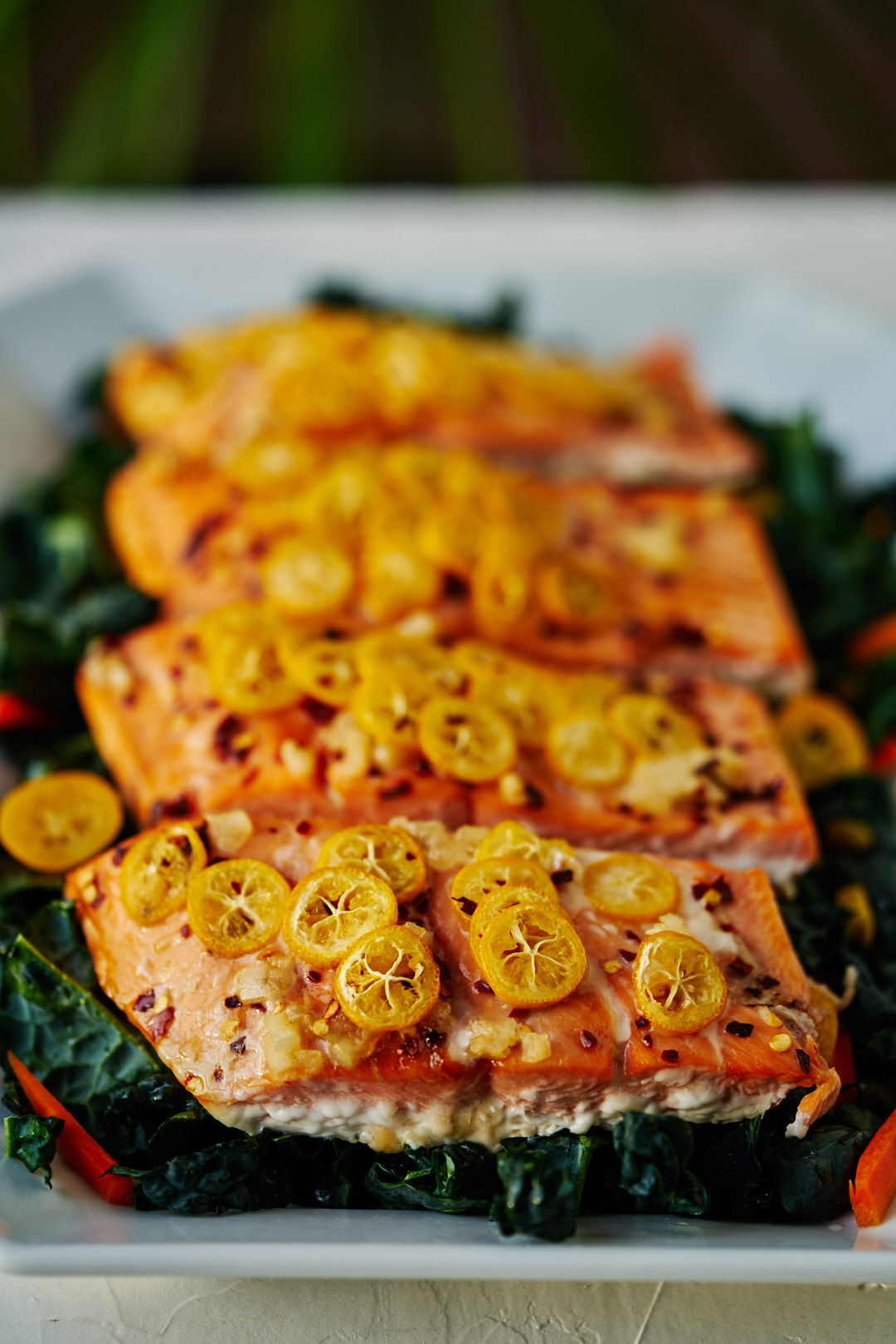 Chili Kumquat Salmon w/Pickled Kumquat Kale Salad | Proportional Plate