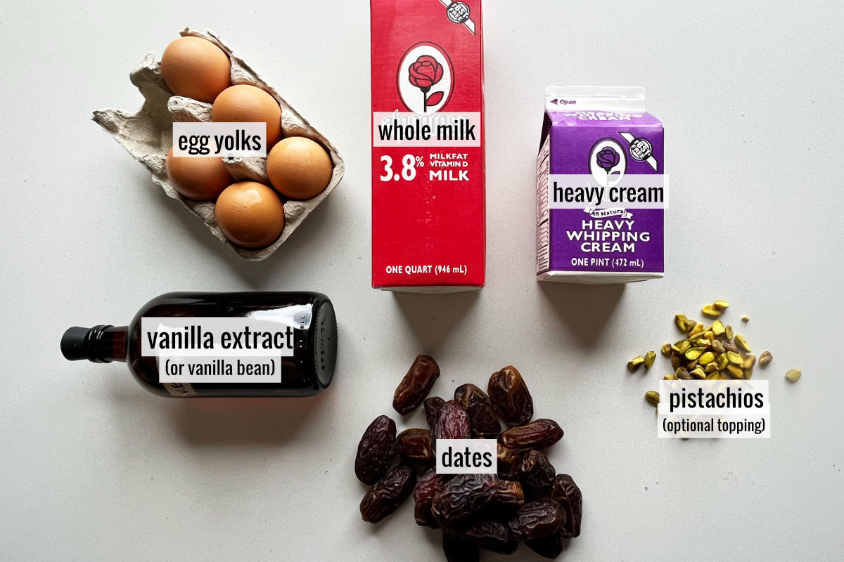Dates, eggs, milk, and other labeled ingredients to make date ice cream on a countertop.