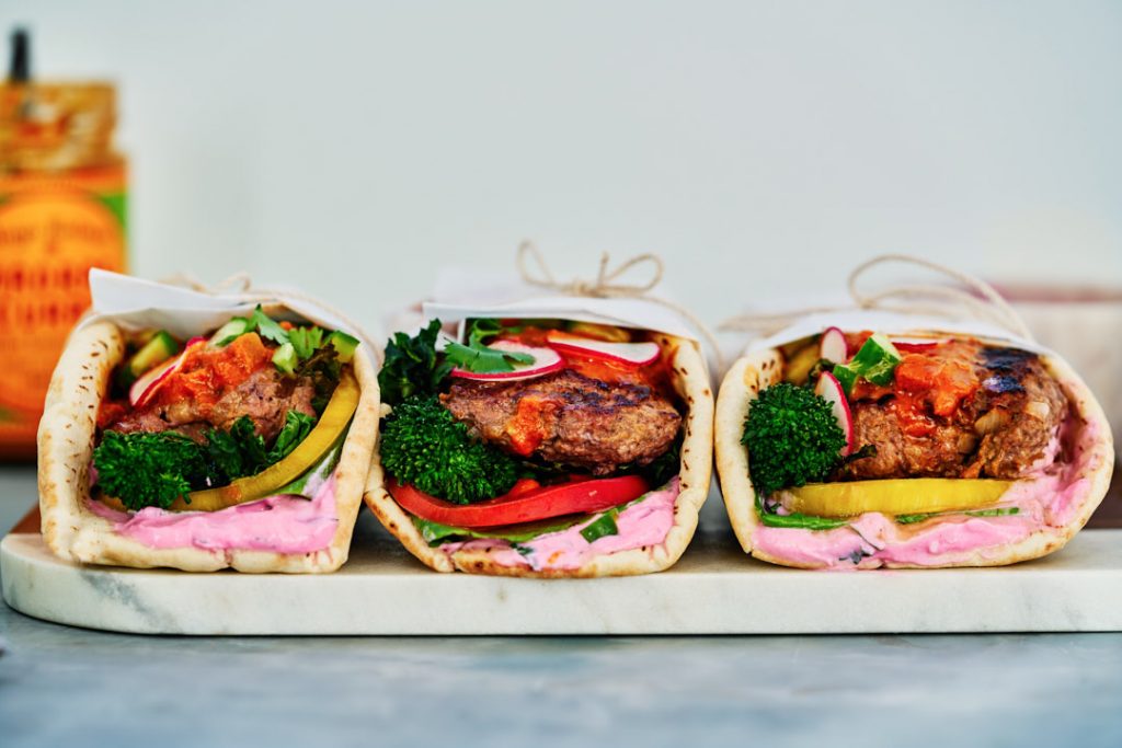 Madras Curry Lamb Burger Gyro with Broccoli Rabe and Cactus Pear Yogurt | Proportional Plate