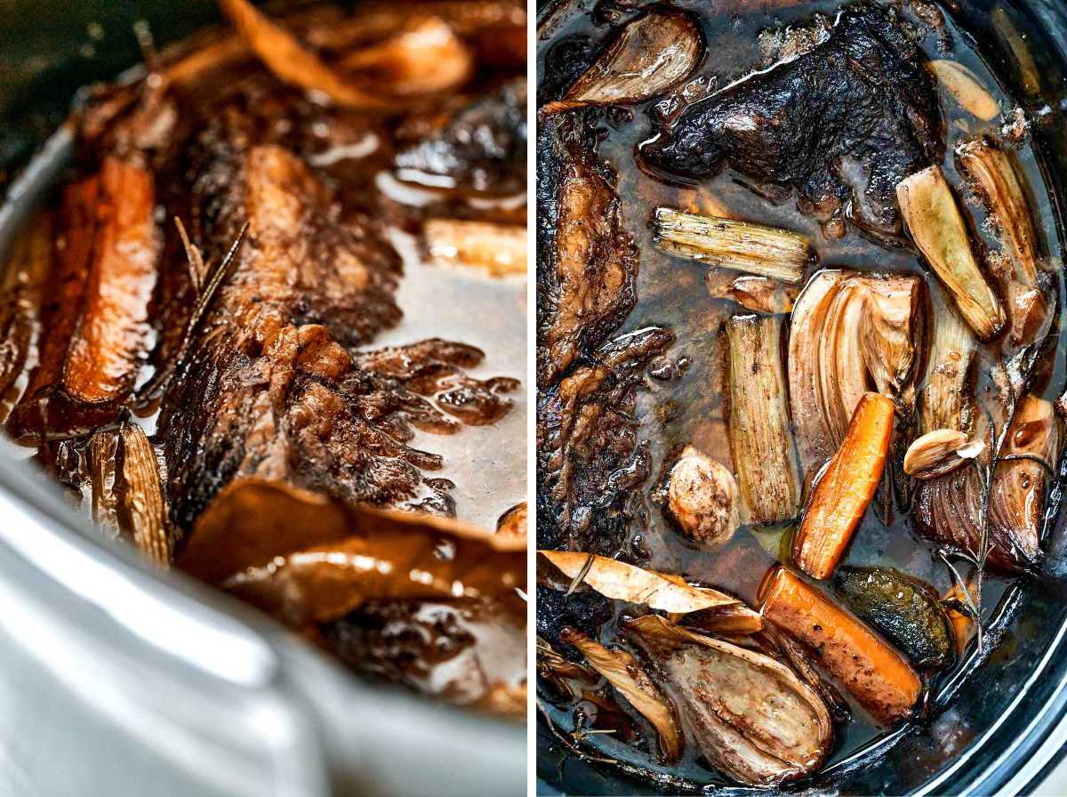 Cooked brisket in a slow cooker.