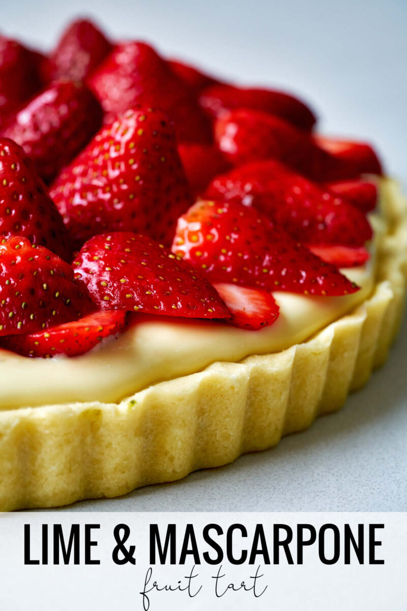 Fruit tart topped with strawberries with title text.