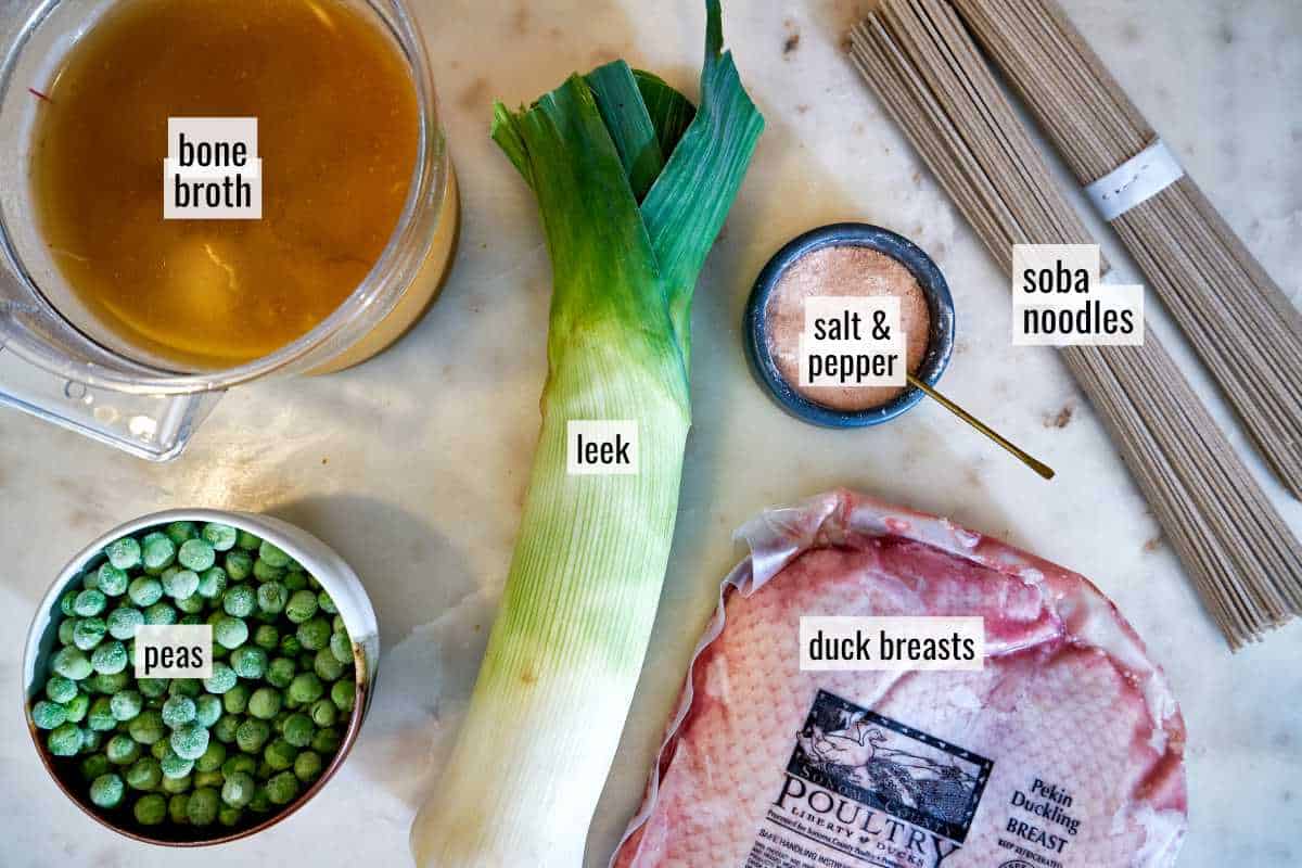 Soup ingredients on a countertop.