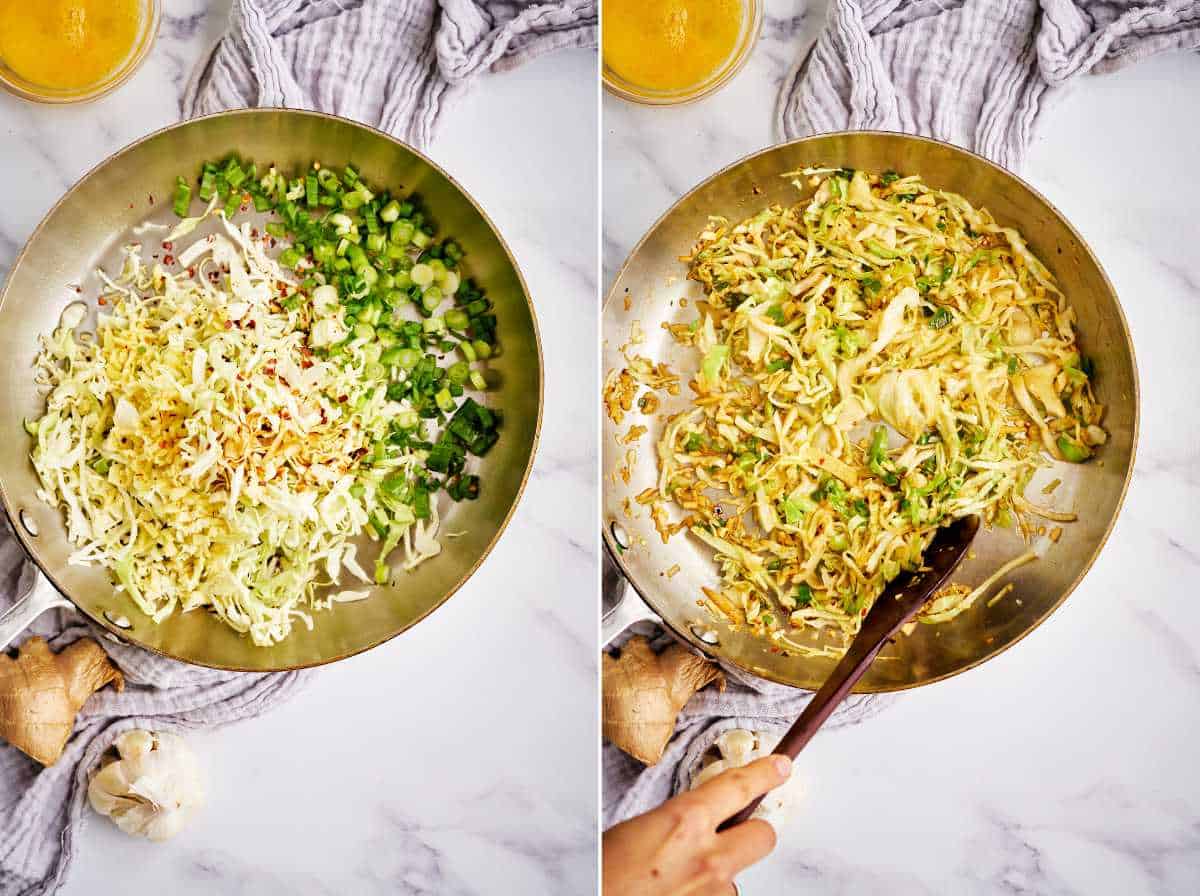 Cabbage cooking in a fry pan.