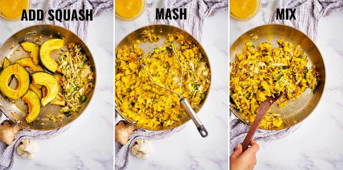 Squash and cabbage in a fry pan.