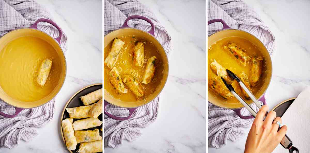 Frying egg rolls in oil.