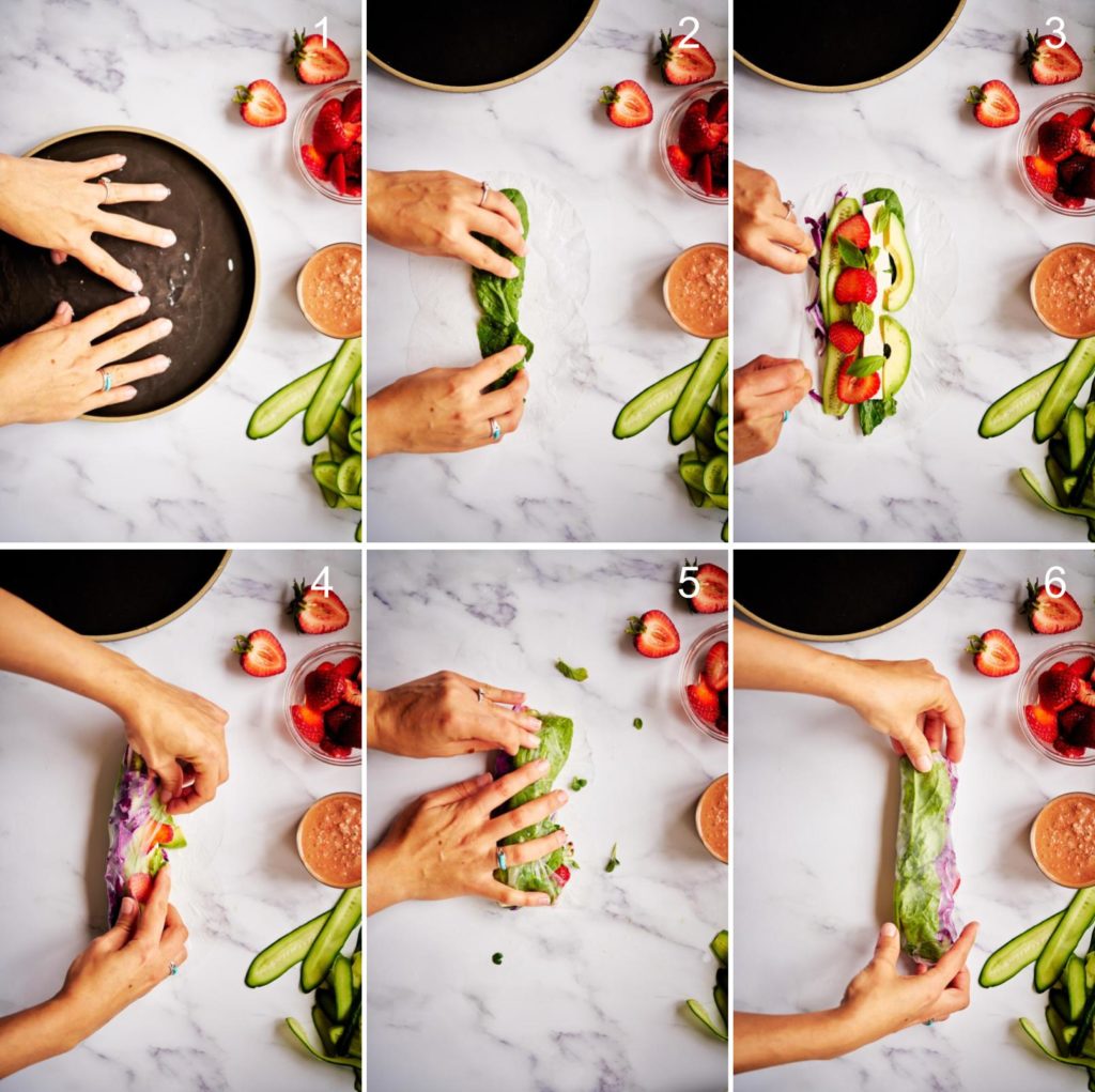 Six step by step images on how to rolling spring rolls.