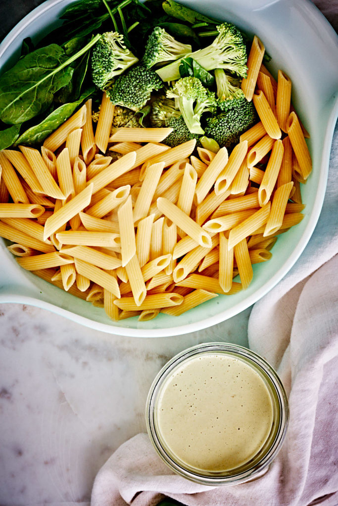 Spicy Tahini Baked Penne with Broccoli & Spinach | Proportional Plate #bakedpasta #pasta 