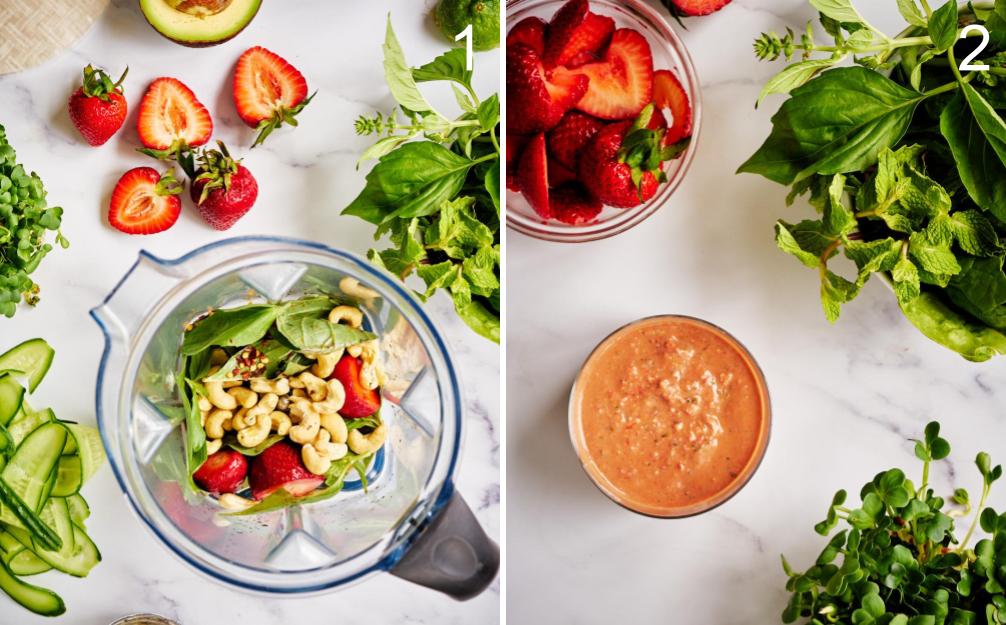Strawberry dressing in a blender next to strawberry dressing.