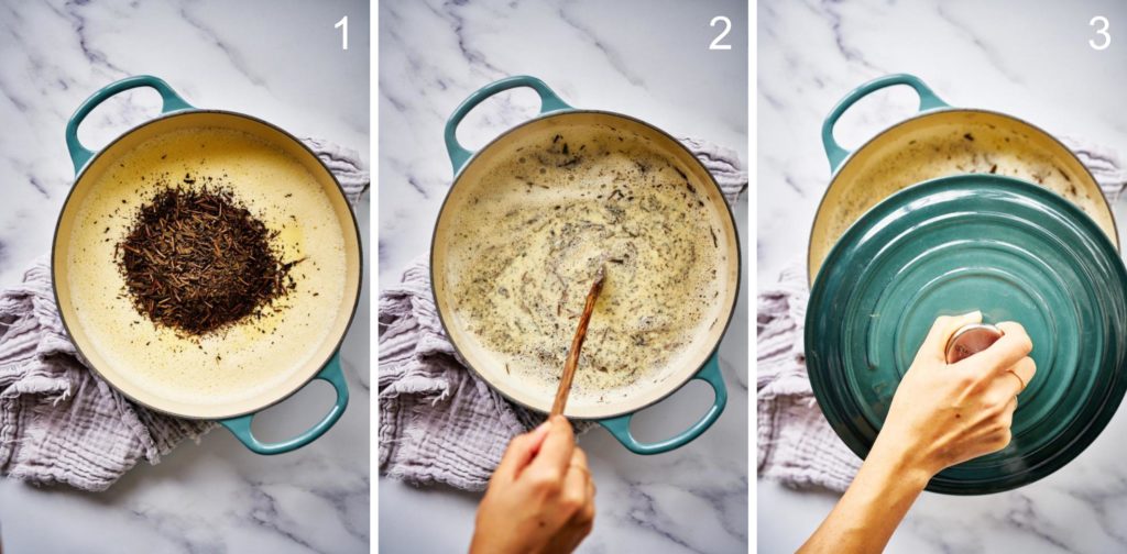 Steeping tea in ice cream base in a teal pot.