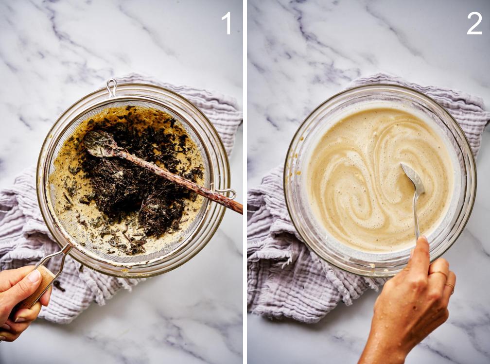 Straining loose leaf tea from ice cream base in glass bowl.