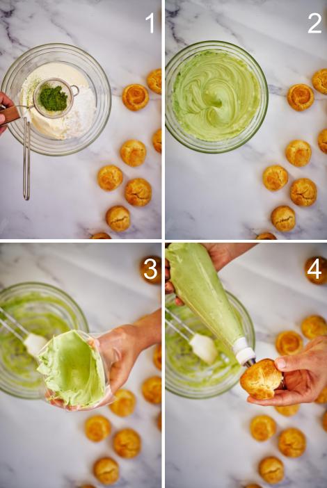 Steps of filling cream puffs with green cream.