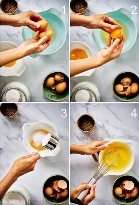 Cracking eggs and mixing them with sugar. 