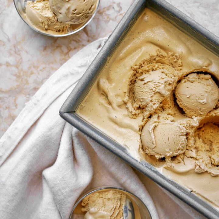 Ice cream flatlay in glasses and bread tin.