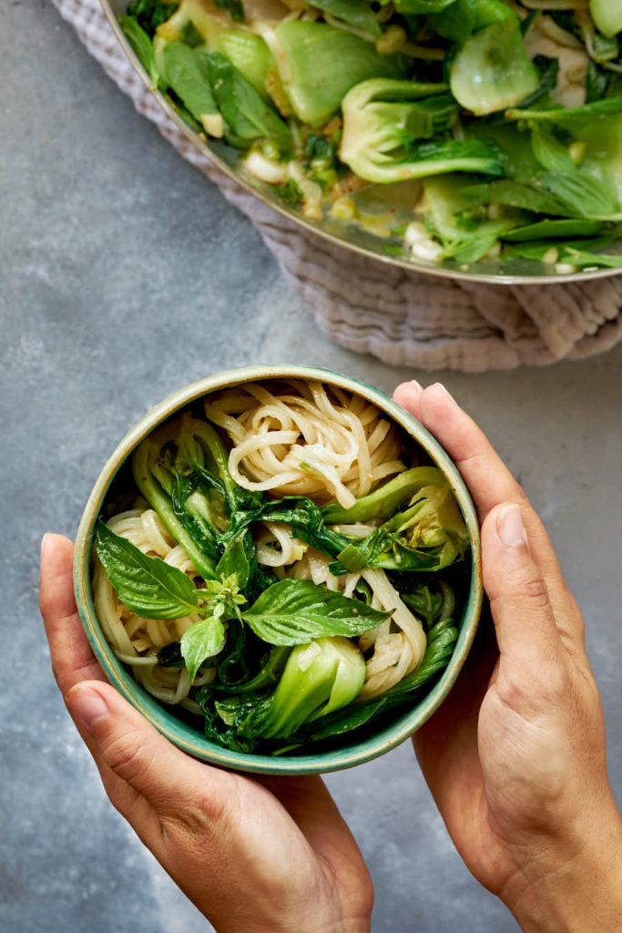 Two hands holding bowl of noodles and bok choy.