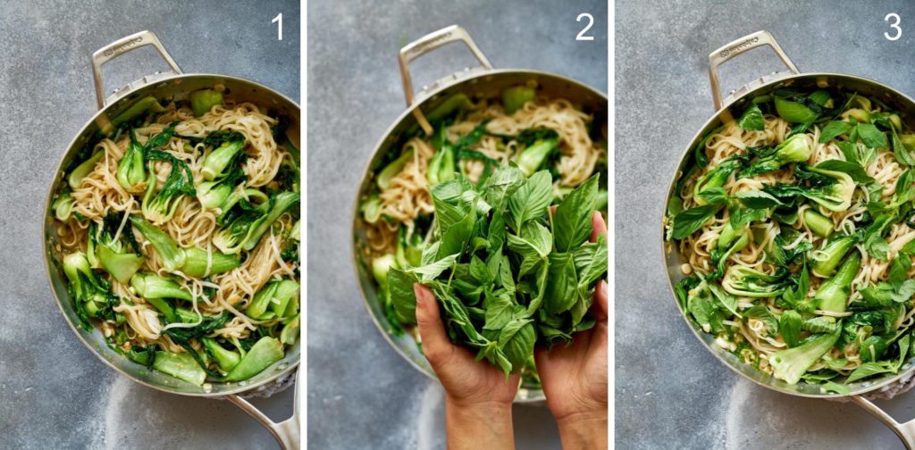 Step by step adding basil to noodle stir fry.