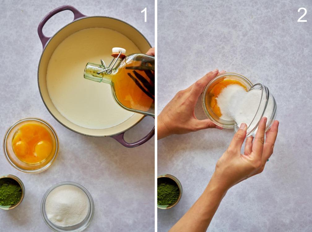 Mixing ingredients for an ice cream base on a grey backdrop.