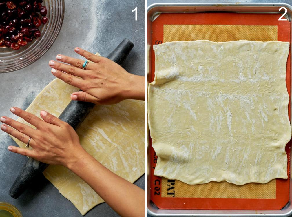 Rolling out puff pastry dough.