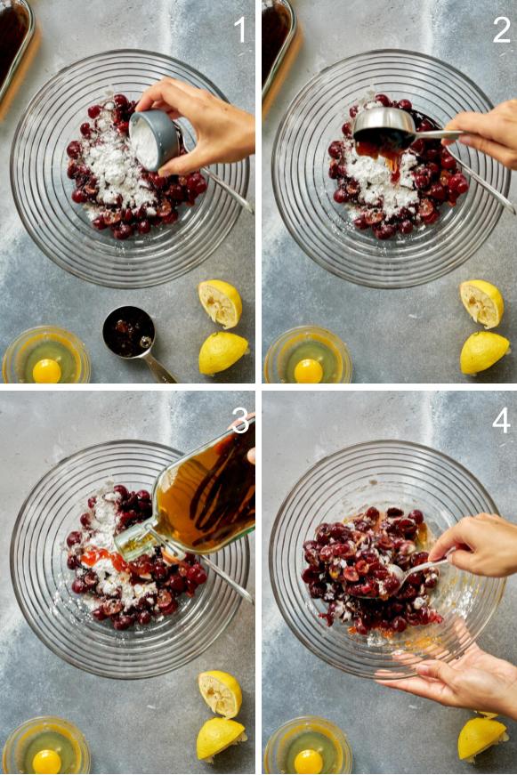 Step by step mixing cherry pie filling.