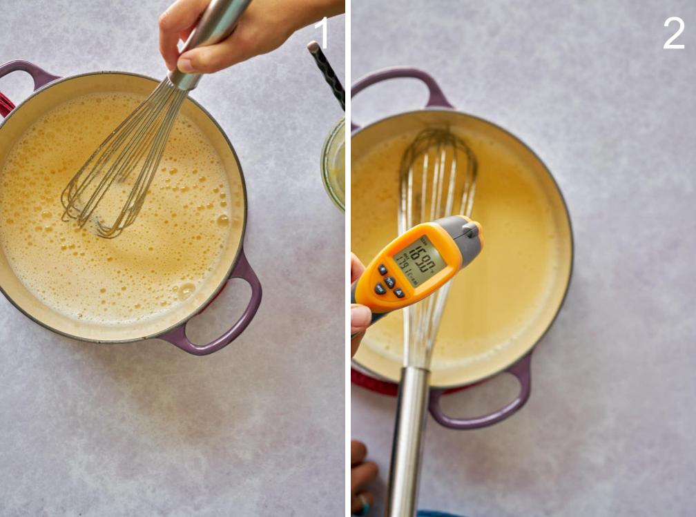 A hand whisking and taking the temperature of cream custard with a thermometer.