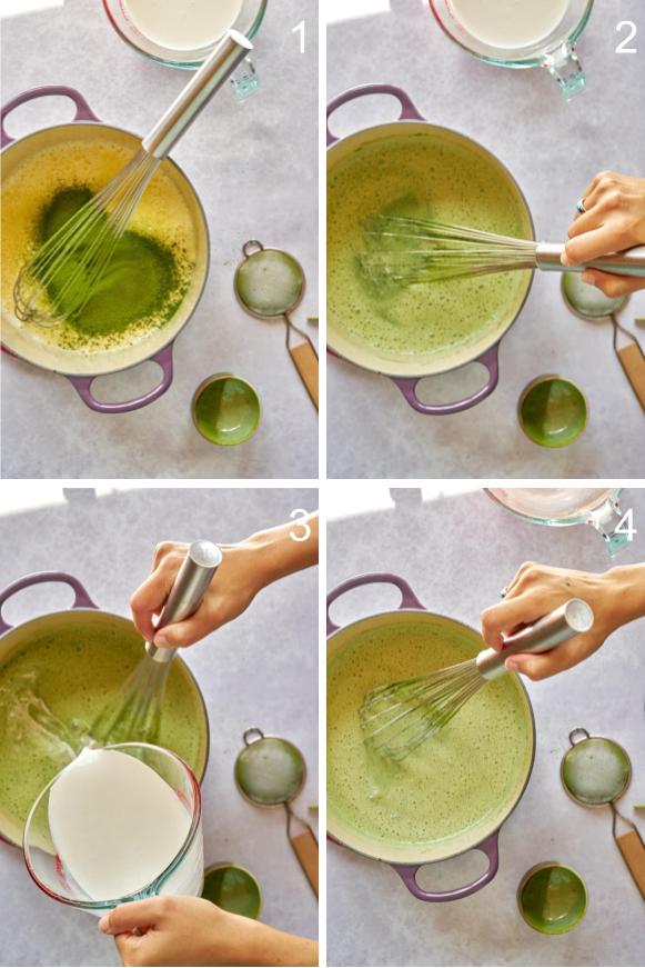 Step by step mixing matcha into ice cream custard base.