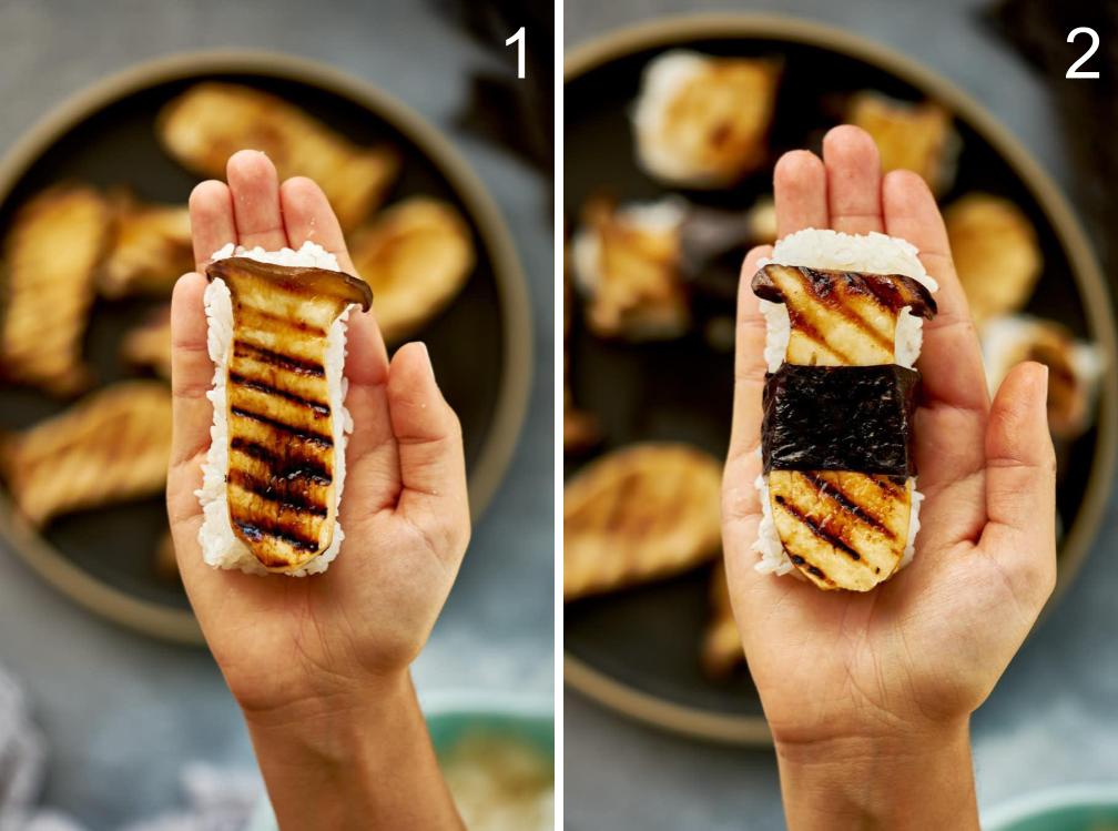 Mushroom sushi in a hand with and without seaweed.