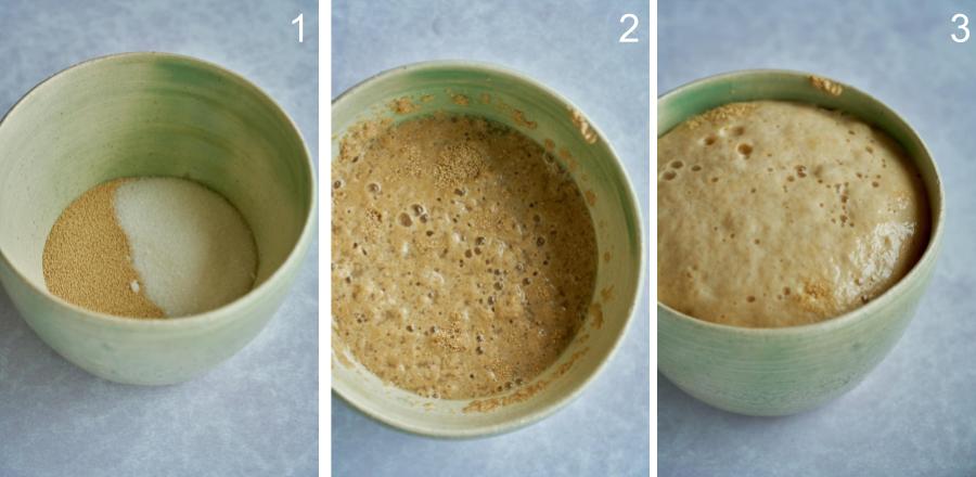 Three photos of bowl with yeast activation.