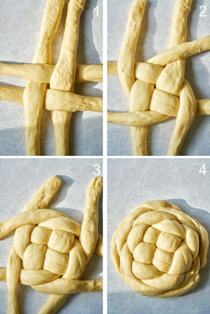 Step by step braiding dough into round loaf.