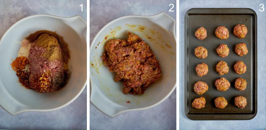 Step by step mixing meatballs.