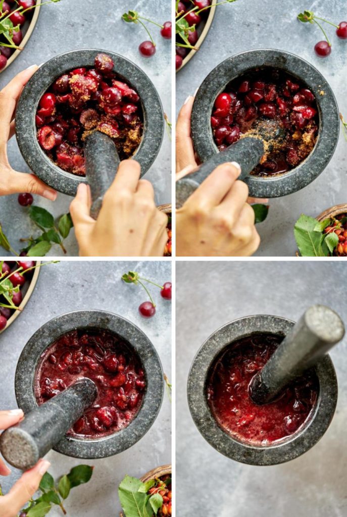 Step by step muddling cherries with sugar.