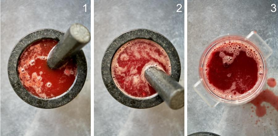 Mortar and pestle with red liquid.