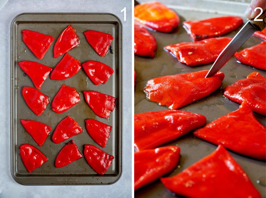 Red peppers on a baking sheet and being cut with a knife.