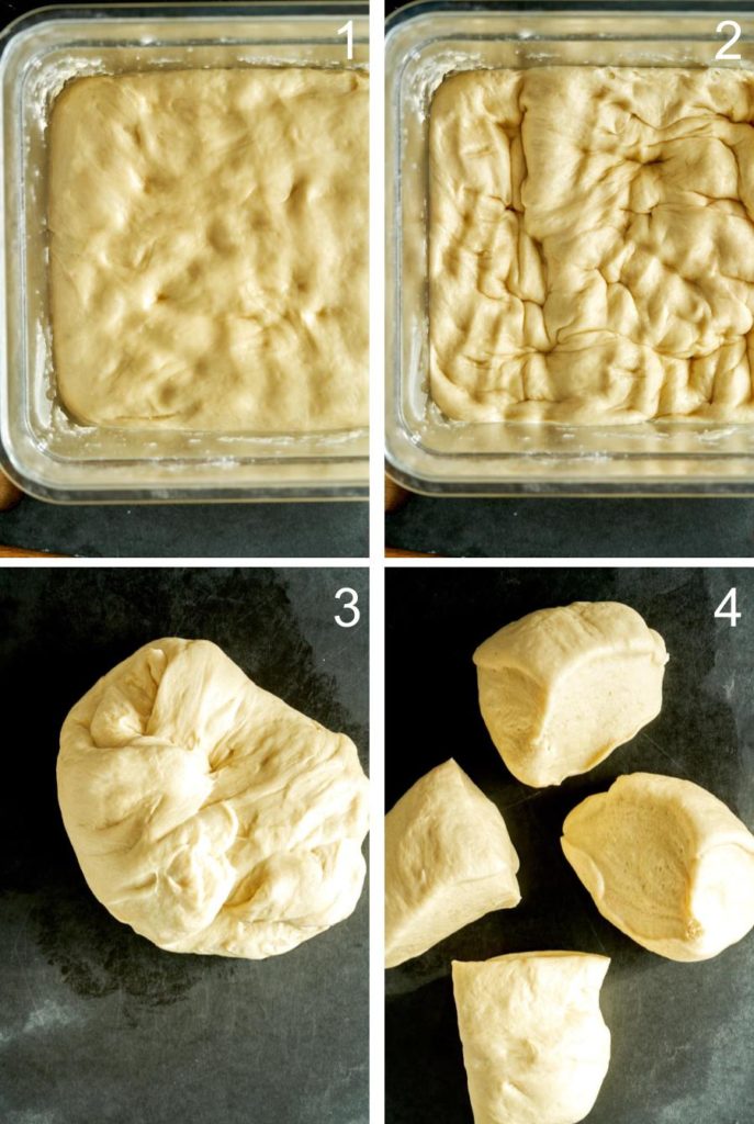 Step by step working dough and dividing into four dough balls.