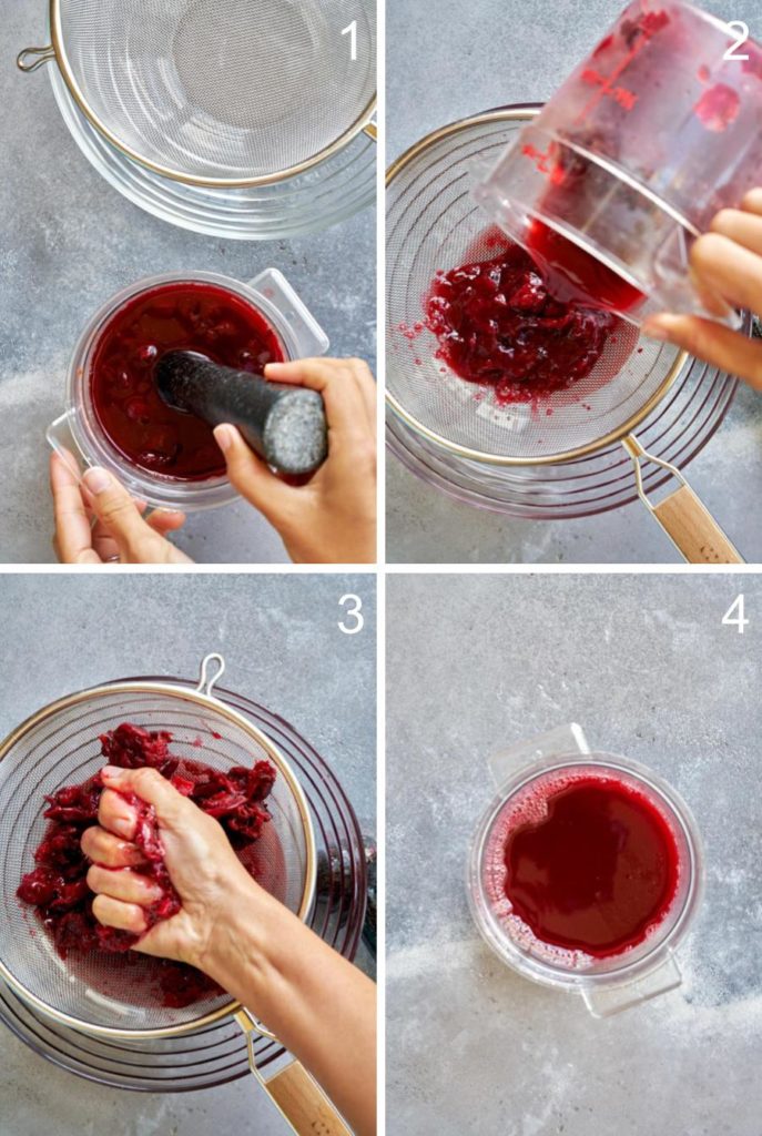 Step by step muddling and straining cherry shrub.