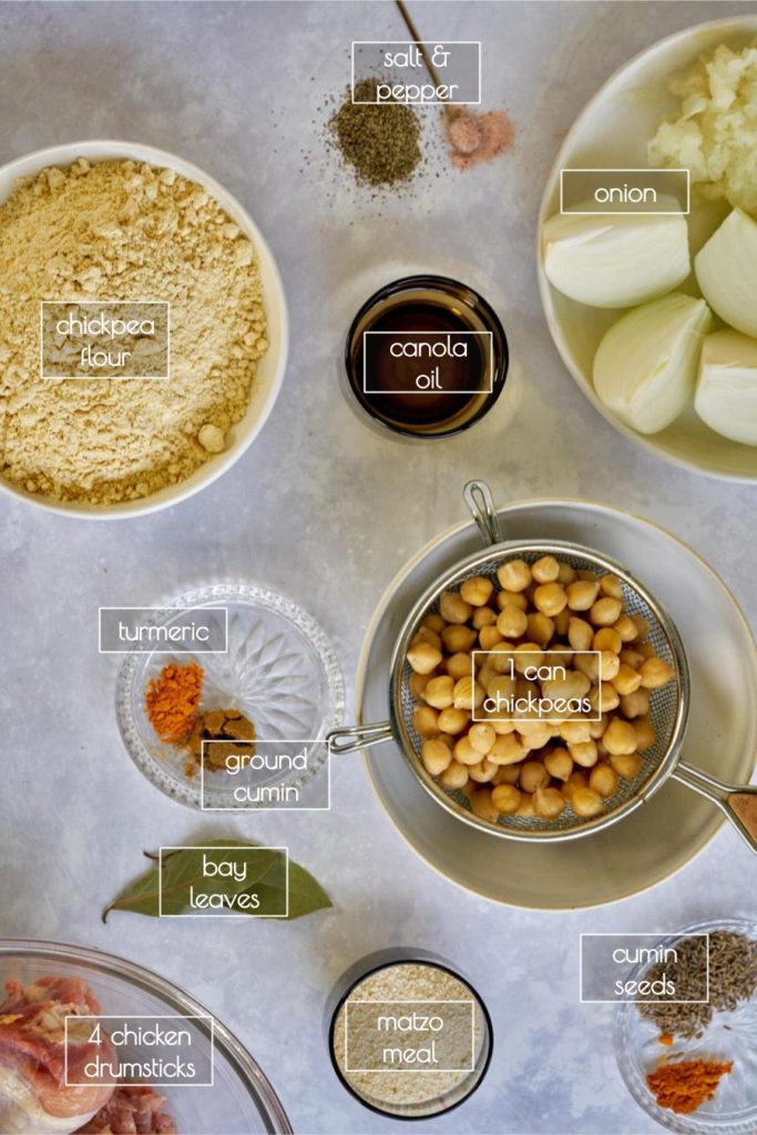 Flatlay with labeled ingredients for chickpea dumpling stew.