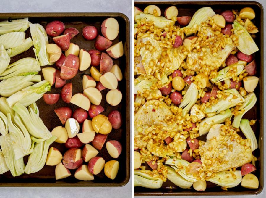 Baking tray with potatoes fennel and chicken.