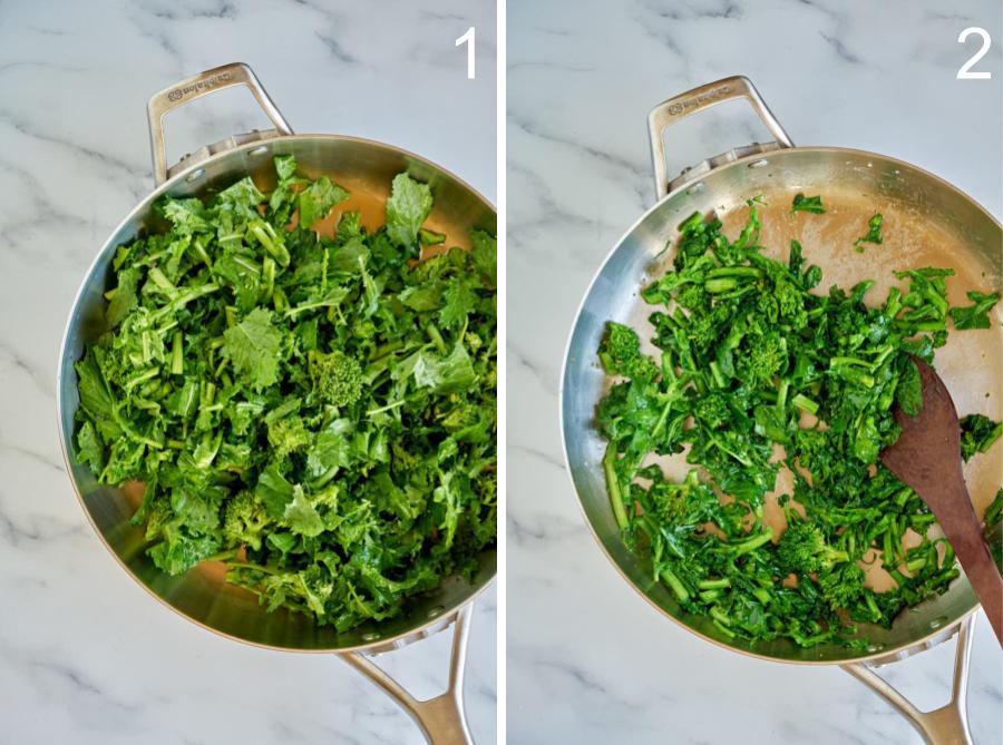 Broccoli rabe cooking in a silver pan.