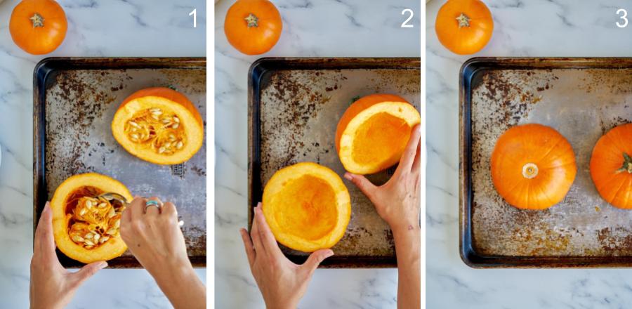 Pumpkin cut in half with seeds scooped out on baking sheet.