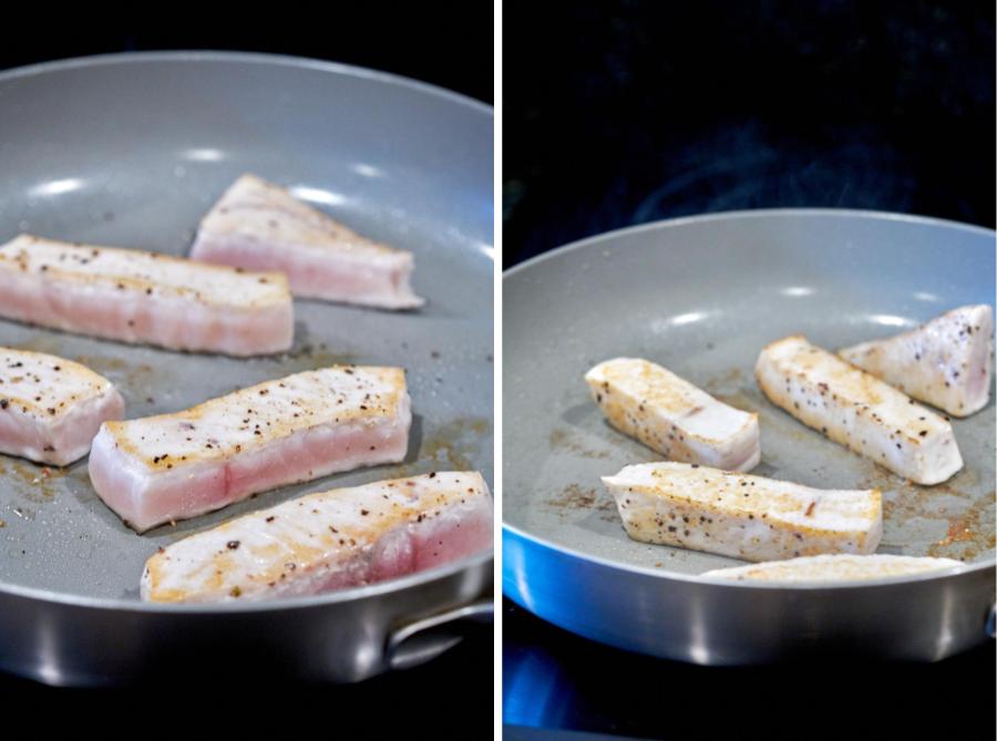 Cooking fish in a pan.