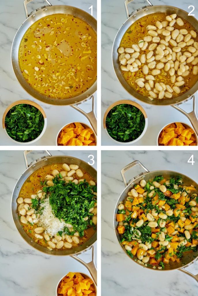 Mixing gnocchi with vegetables in silver pan.