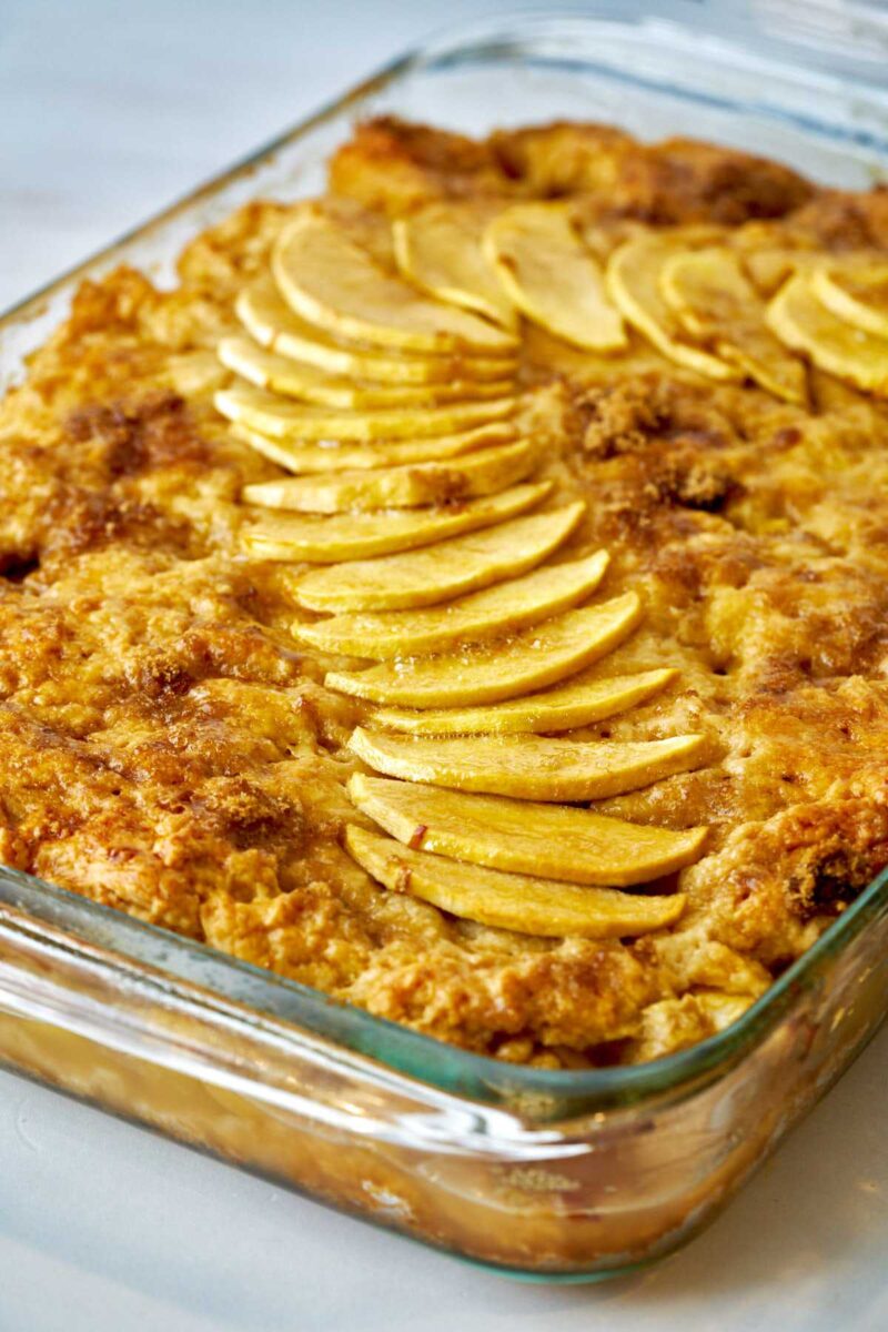 Cake in a glass baking dish.