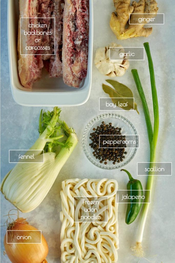 Labeled ingredients for udon noodle soup.