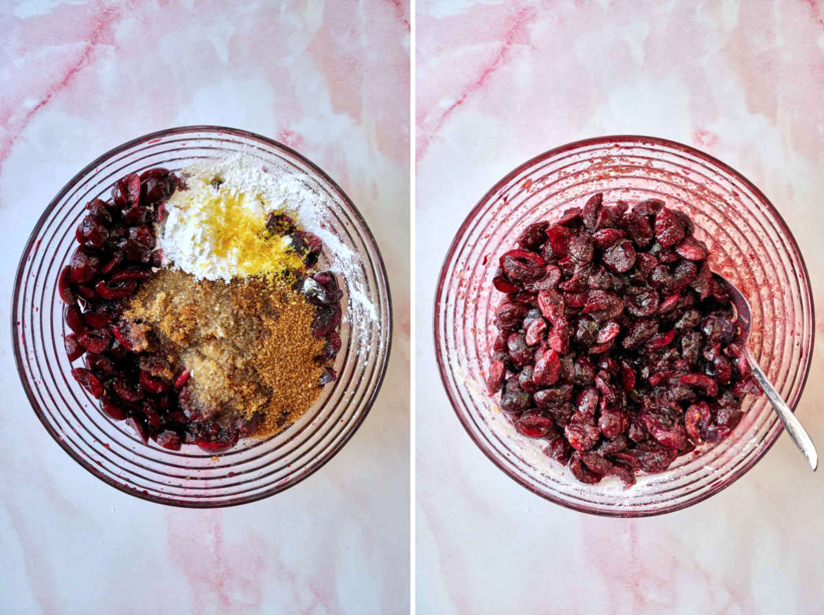 Chopped cherries in a bowl with other ingredients.