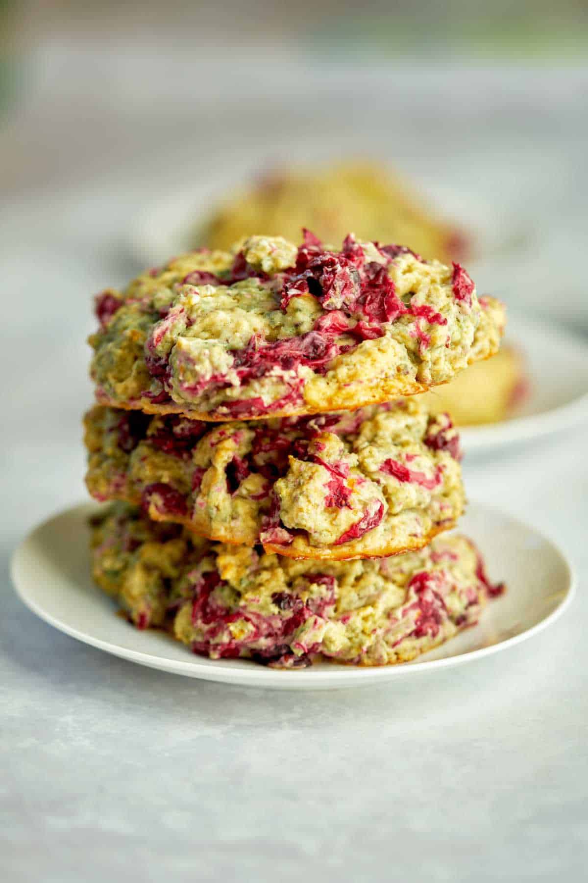 Three fruit scones stacked on top of each other.