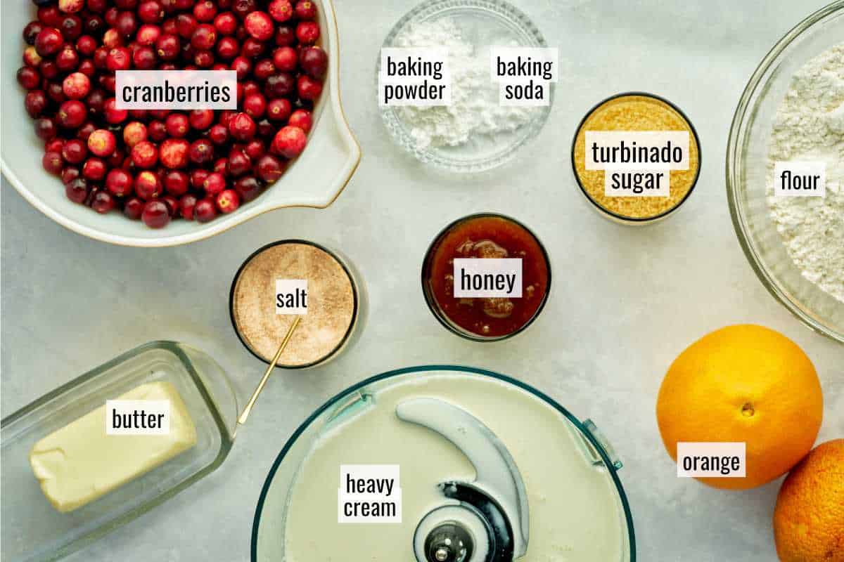 Ingredients for cranberry orange scone recipe.