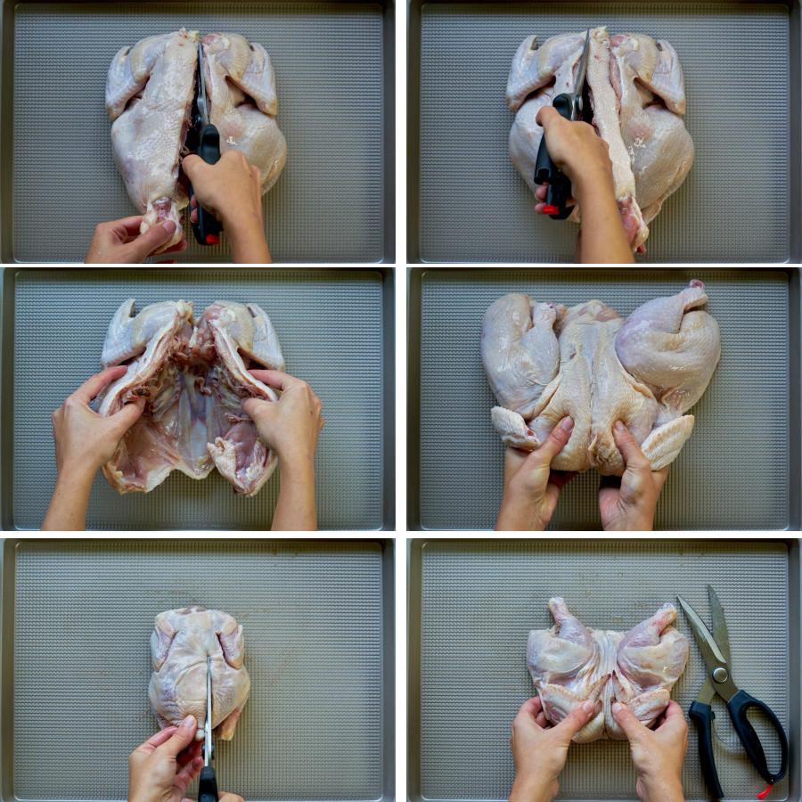 Cutting out backbone of a raw chicken and game hen.